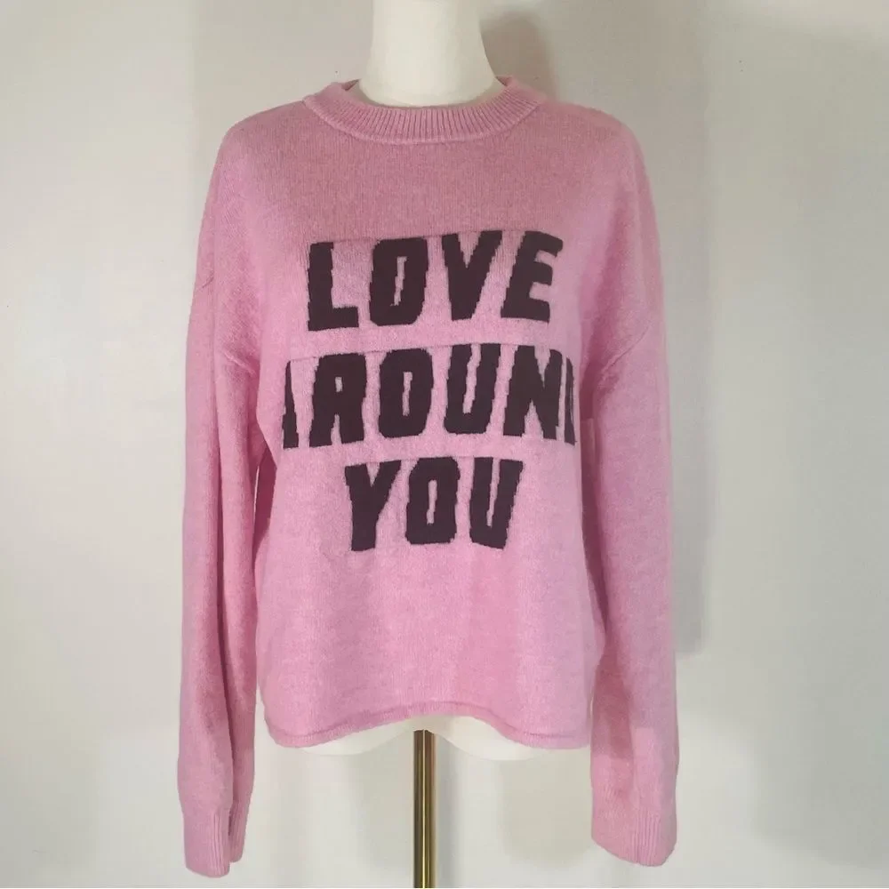 H&M Divided Pink Wool & Elastane Blend Pink “Love Around You” Sweater Size M - Picture 1 of 7